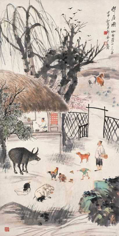 金少石 壬申（1932）年作 村居图 立轴